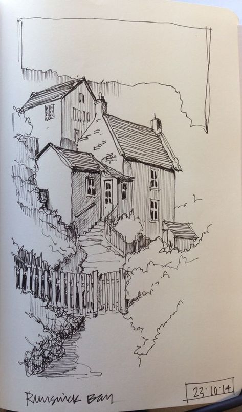 Line sketch of Runswick Bay, North Yorkshire Building unto a hill. Amazing. And being able to adapt with the landscape is so important to nature.: Art Exercises, Art Ho, Architecture Drawing Sketchbooks, Desen Realist, Landscape Architecture Drawing, Výtvarné Reference, 그림 낙서, Landscape Sketch, Line Sketch