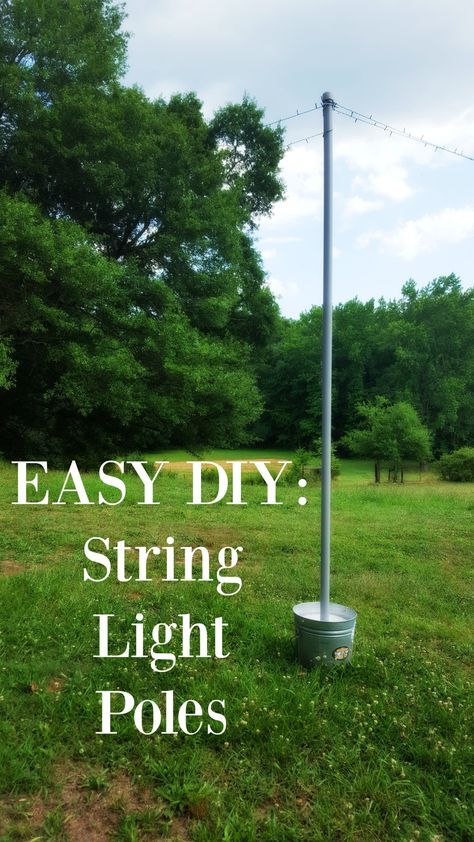 Easy DIY Mobile String Light Poles                                                                                                                                                                                 More Carport Wedding Ideas, Light Stand Outdoor, Diy Event Lighting, Outdoor Light Poles Diy, Backyard Tent Wedding On A Budget, Farmhouse Backyard Wedding, Garden Wedding Lights, Outdoor Lights Wedding, Diy Backyard Wedding Decorations