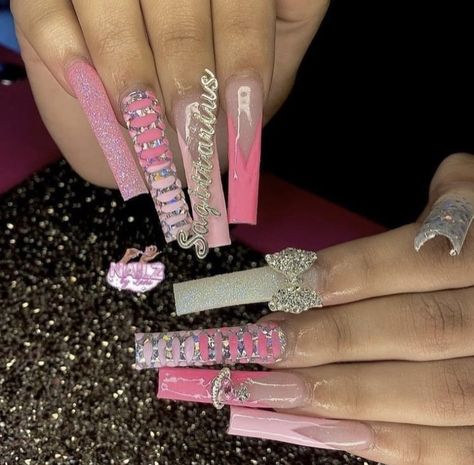 Scorpio Acrylic Nails, Taurus Birthday Nails, Aquarius Nails Designs, Aquarius Birthday Nails, Birthday Freestyle Nails, Sagittarius Birthday Nails, Birthday Sets Nails, Blinged Out Nails Rhinestones, Exotic Nails Acrylic