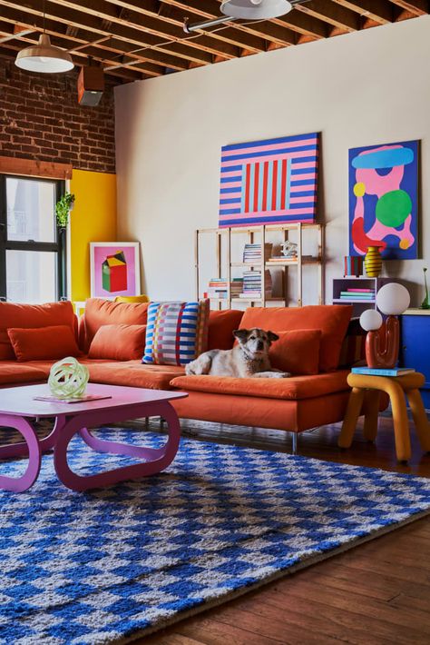 Korean Bedroom, Orange Couch, Casa Retro, Living Room Murals, Memphis Design, Colourful Living Room, Maximalism, Loft Apartment, Eclectic Interior