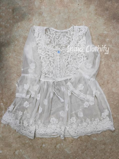 White Lucknowi Chikankari Short Anarkali Kurti Short Chinkari Kurti, Chikenwork Kurti Design With Jeans, White Short Kurti With Jeans, Chinkari Kurti With Jeans, Short Anarkali Kurti, Chikankari Short Kurti, Short Anarkali, Small Frocks, Short Kurti Designs