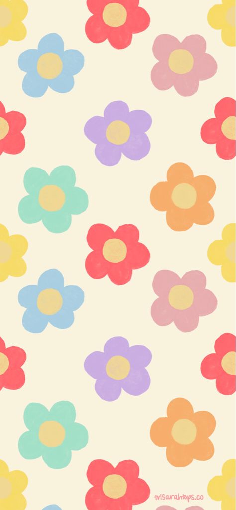 Red flowers, purple flowers, pink flowers, orange flowers, yellow flowers, green flowers, repeating flower pattern, digital wallpaper Simple Wallpapers Flowers, Cute Cartoon Flower Wallpaper, Retro Daisy Wallpaper Iphone, Aesthetic Daisy Drawing, Preppy Flower Drawing, Cartoon Flower Pattern, Cute Flower Drawing Simple, Flower Background Cartoon, Flower Cute Illustration