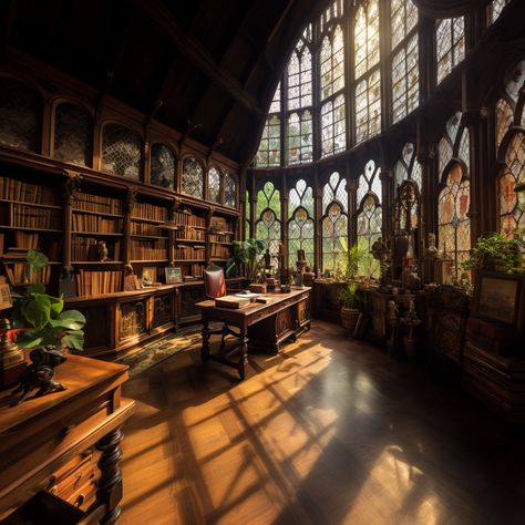 Sunny Library Aesthetic, Library With Big Windows, Library Waiting Room Shifting, Library Stained Glass Windows, Library In Mansion, Big Stained Glass Windows, Houses With Stained Glass Windows, Huge Library In House, Plants In Library