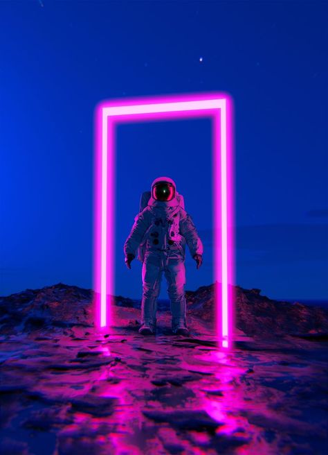 Astronaut travels through pink neon portal on a planet. Space Themed Office, Space Theme Photoshoot, Neon Space Aesthetic, Cyberpunk Office, Futuristic Astronaut, Neon Astronaut, Space Portal, Cyberpunk Theme, Portal Logo