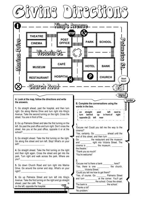 Giving directions interactive and downloadable worksheet. Check your answers online or send them to your teacher. Giving Directions Worksheet, Following Directions Worksheet, Follow Directions Worksheet, Directions Worksheet, Teaching Maps, Map Worksheets, English Exercises, Give Directions, Grade 7