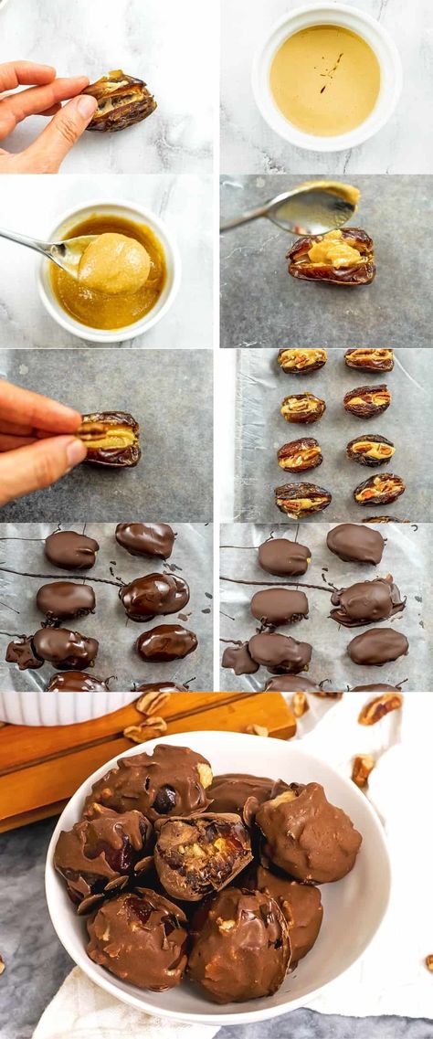 Chocolate covered peanut butter stuffed dates - vegan, dairy free, gluten free, simple - these chocolate covered dates are the perfect quick snack that is easy to make and perfect for afternoon sweet indulgences. Great for meal prep and can easily be stored in the fridge or freezer. Stuffed Dates Peanut Butter, Dates Pecans Chocolate, Chocolate Cover Dates, Dates Dipped In Chocolate, Dates And Peanut Butter Healthy Snacks, Peanut Butter Chocolate Dates, Chocolate Peanut Butter Dates, Peanut Butter Filled Dates, Peanut Butter Dates Chocolate