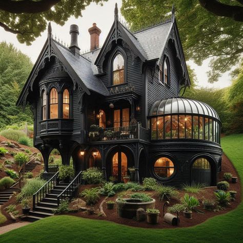 Art Nouveau Home Exterior, Gothic Home Architecture, Victorian Homes Black, Gothic Modern Architecture, Black Victorian House Exterior, Gothic House Outside, Dark Victorian House Exterior, Black Gothic House, Goth House Exterior