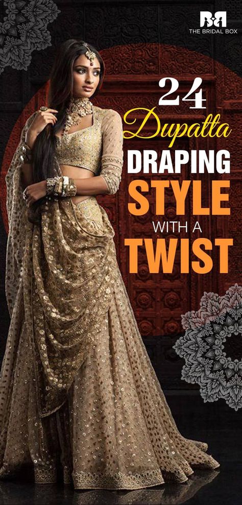 Bored by the same conventional styles of draping your dupatta, for parties and occasions? Want to shine bright in your Indian attire but not sure how to style your dupatta like a diva? Well, we have sorted out the issues for you. Lehenga Draping Styles For Engagement, Lengha Duppta Drape Style, Organza Dupatta Draping Styles On Lehenga, How To Drape Heavy Dupatta On Lehenga, Wedding Dupatta Draping, Chaniya Choli Draping Styles, Long Dupatta Drape, Gharara Dupatta Draping Style, How To Style A Dupatta