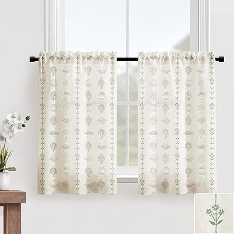 Amazon.com: Lino Rosa Kitchen Window Curtains Over Sink,Sage Green Boho Vintage Floral Sheer Curtain for Bathroom Window Cafe,36 Inch Length,Cream Colored : Home & Kitchen Bathroom Small Window, Kitchen Window Curtains Over Sink, Bathroom Window Decor, Botanical Curtains, Window Cafe, Boho Farmhouse Kitchen, Half Window Curtains, Short Window Curtains, Farmhouse Kitchen Curtains