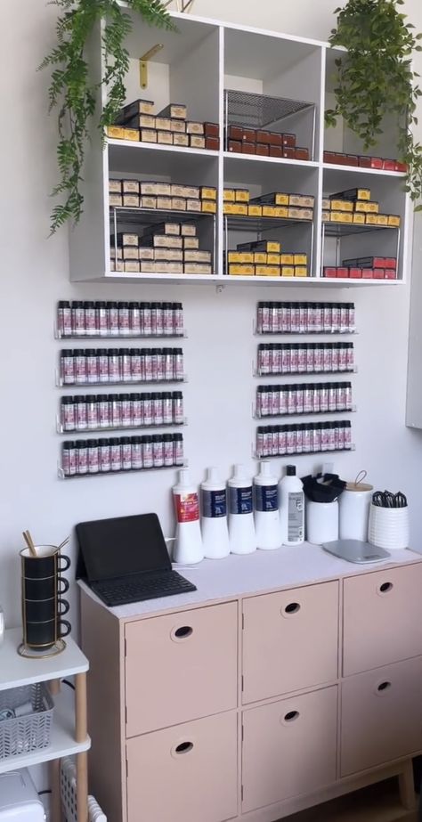 Colour Bar Salon, Mini Hair Studio Ideas, Salon Color Backbar Ideas, Cosmetologist Room Ideas, Garden Room Hair Salon Ideas, Hair Salon Small Space, Colour Station Hair Salon, Salon Suite Decor Colorful, Small Hair Salon Storage Ideas