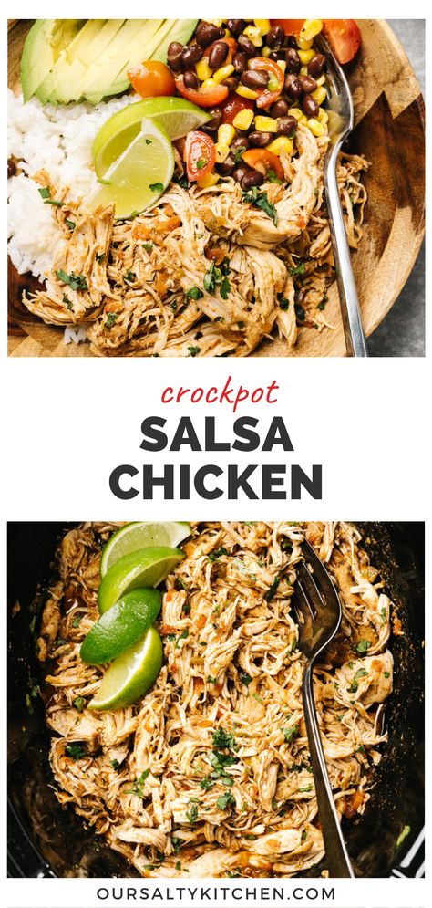 Crockpot Salsa Chicken is proof that "flavor" can win out over "fast". But fear not - this recipe is super easy to prep! Simply season, "sauce", then shred. Even using a slow cooker, it can be on the table in just about three hours. It's also endlessly versatile - use the shredded salsa chicken in burrito bowls, taco salads, quesadillas, traditional burritos or tacos, and more. It's also naturally Whole30 and paleo, and can easily fit into keto and low carb diets. Winner chicken dinner indeed! Taco Chicken Crockpot, Chicken With Salsa Recipe, Shredded Salsa Chicken, Crock Pot Salsa Chicken, Healthy Shredded Chicken Recipes, Crockpot Shredded Chicken Tacos, Crockpot Salsa Chicken, Whole 30 Crockpot Recipes, Crockpot Salsa