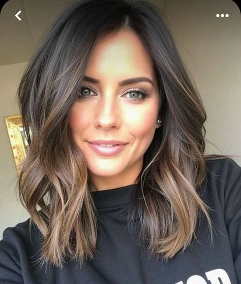 Medium Length Dark Balayage, Medium Length Dark Hair With Layers, Medium Dark Brown Hair With Layers, Medium Length Haircut Dark Hair, Mid Length Hair Brunette, Dark Shoulder Length Hair, Brown Hair Shoulder Length, Shoulder Length Dark Hair, Black Shoulder Length Hair