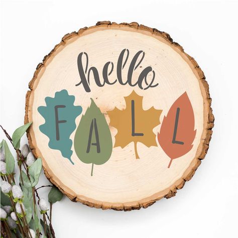 Make a cute fall door sign using this hello fall leaf stencil.  Paint the giant leaves onto a wood round in a variety of fall colors.  (stencil only) ------------------------------------ (stencil sizes listed refer to the size of the lettering or design (not stencil edges) ------------------------------------- ♣MYLAR STENCIL (reusable): Our stencils are made with 10 Mil mylar; which is a stiff yet flexible material that can be washed and reused many times. You can use a temporary spray adhesive Hello Fall Painting, Autumn Wood Signs, Cute Fall Signs Diy, Wood Burning Fall Ideas, Halloween Pyrography, Hello Fall Wood Sign, Chalking Ideas, Porch Stencil, Giant Leaves