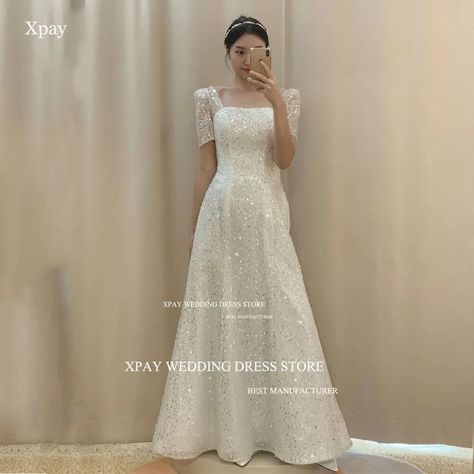 XPAY Square Neck Sparkly Wedding Dresses Korea Photos Shoot A Line Short Sleeve Bride Dress Corset Backless Shiny Bridal Gown Sleeve Bride Dress, Dress Korea, Sparkly Wedding Dress, Dress Corset, Sparkly Wedding, A Line Shorts, Corset Dress, Bridal Gown, Bride Dress