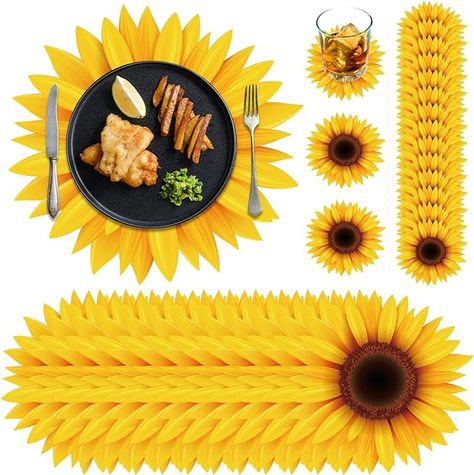 Amazon.com: Geosar 200 Pcs Disposable Sunflower Placemats and Coasters Set Sunflower Desktop Decoration Sunflower Place Mats with Coasters Outdoor Indoor for Summer Floral Dinner Party Decor Dining Table Decor : Home & Kitchen Floral Dinner Party, Sunflower Placemats, Sunflower Coasters, Dinner Experience, Sunflower Centerpieces, Sunflower Party, Paper Sunflowers, Nice Dinner, Paper Placemats