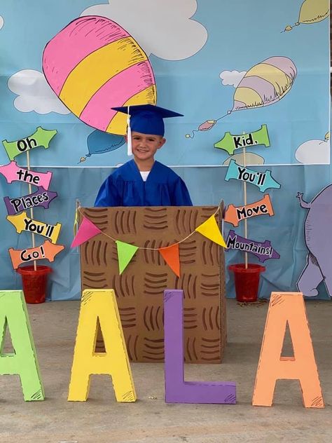 Graduation Themes For Preschool, Preschool Graduation Stage Decorations, Preschool Graduation Ideas Decorations Stage, Kindergarten Promotion Ideas, Preschool Graduation Photo Backdrop, Kindergarten Graduation Backdrop, Oh The Places You Will Go Graduation, Kinder Graduation Theme, Preschool Graduation Decorations