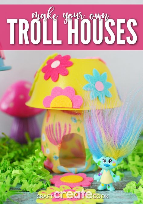 Make your own troll house using plastic recyclables and a few dollar store finds! Trolls Crafts For Kids, Trolls Activities For Kids, Trolls Diy Crafts, Trolls Diy Party Decorations, Diy Trolls Decorations, Trolls Themed Party Games, Recycling For Kids, Movie Crafts, Trolls Birthday Party