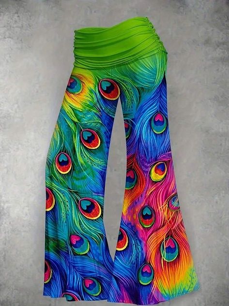 Plus Size Women Peacock Feather Print Bell-Bottomed Pants | SHEIN USA Matching Clothes, Pin Pin, Flare Leg Pants, Casual Cardigans, Bell Bottom Pants, Plus Size Pants, Feather Print, Elastic Waist Pants, Peacock Feather