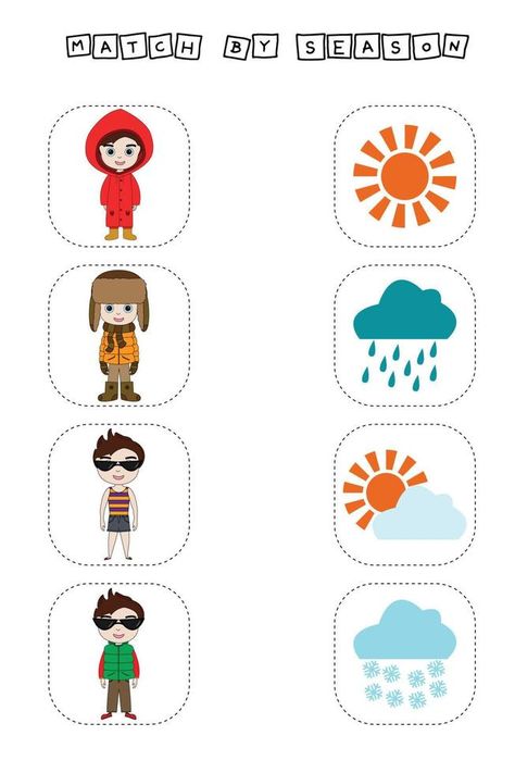 Season Clothes Activities, Weather Seasons Activities, Weather And Seasons Activities, Weather Games For Kids, Weather And Clothes Worksheet, Sensory Bottles For Toddlers, Clothes Worksheet, Weather Activities Preschool, Dog Therapy