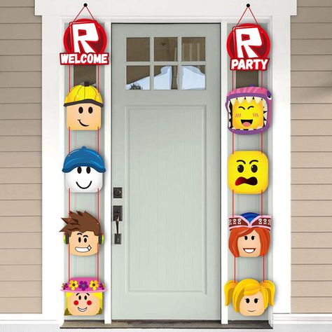 Garland Room Decor, Roblox Birthday Party Ideas, Roblox Birthday Party, Roblox Birthday Cake, Welcome Banners, Robot Birthday Party, 7th Birthday Party Ideas, Flag Wall Hanging, Roblox Birthday