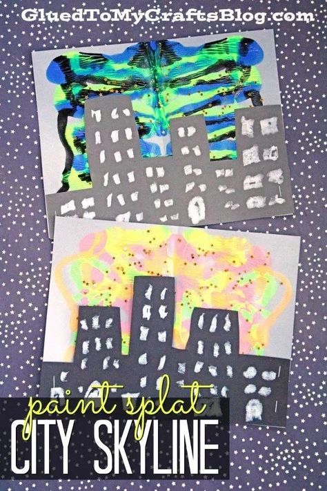 Paint Splat City Skyline Silhouette - Kid Craft - Glued To My Crafts Hollywood Crafts, Superhero Week, Multicultural Night, Paper Crafts For School, Crafts For School, Disney Activities, Building Crafts, City Skyline Silhouette, Superhero Crafts