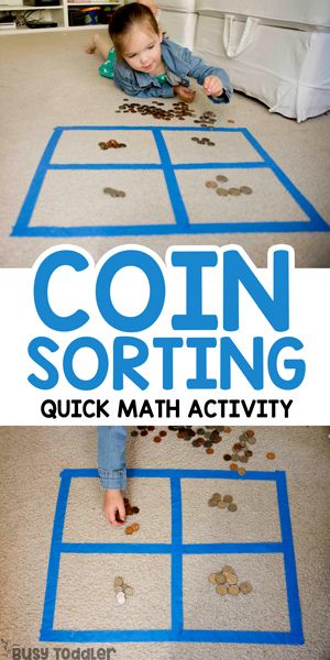 Coin Sorting Preschool Math Activity: quick and easy math; hands-on math activity; sorting activity; learning about money; teaching kids about money by Busy Toddler Learning About Money, Aktiviti Prasekolah, Coin Sorting, Easy Math Activities, Easy Math, Kids Math, Pre K Activities, Math Activity, Aktivitas Montessori