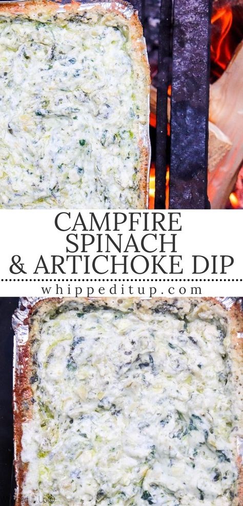 Anyone for an amazing dip while outside or camping, gather around for this one. #campfiredip Campfire Spinach Artichoke Dip, Campfire Dip Recipe, Campfire Dips Camping Recipes, Campfire Spinach Dip, Fall Campfire Recipes, Campfire Dips, Campfire Appetizer, Weekend Getaway Food Ideas, Camping Appetizers Easy