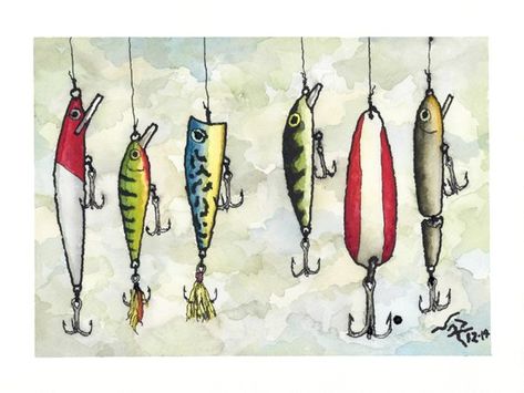 Fishing Lures Art, Diy Fishing Lures, Fishing Pictures, Fish Drawings, Ink Watercolor, Fishing Decor, Fish Painting, Fish Art, Watercolor Art Prints