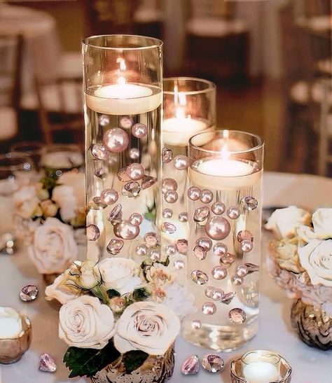 Vase Decorations, Sparkling Rose, Rose Gold Pearl, Pearl Rose, Vase Fillers, Fairy String Lights, Floating Candles, Rose Gold Wedding, Bridal Showers