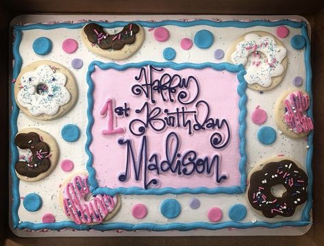 Donut Birthday Cake, Birthday Sheet Cakes, Donut Cake, Cake Writing, Donut Birthday, Adult Birthday Cakes, Sheet Cakes, Simple Birthday Cake, Baby 1st Birthday