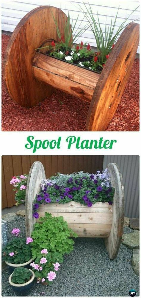 Spool Planter, Pool Planters, Beginner Garden, Cable Spool Furniture, Recycler Diy, Spool Furniture, Cable Spool, Wire Spool, Wood Spool