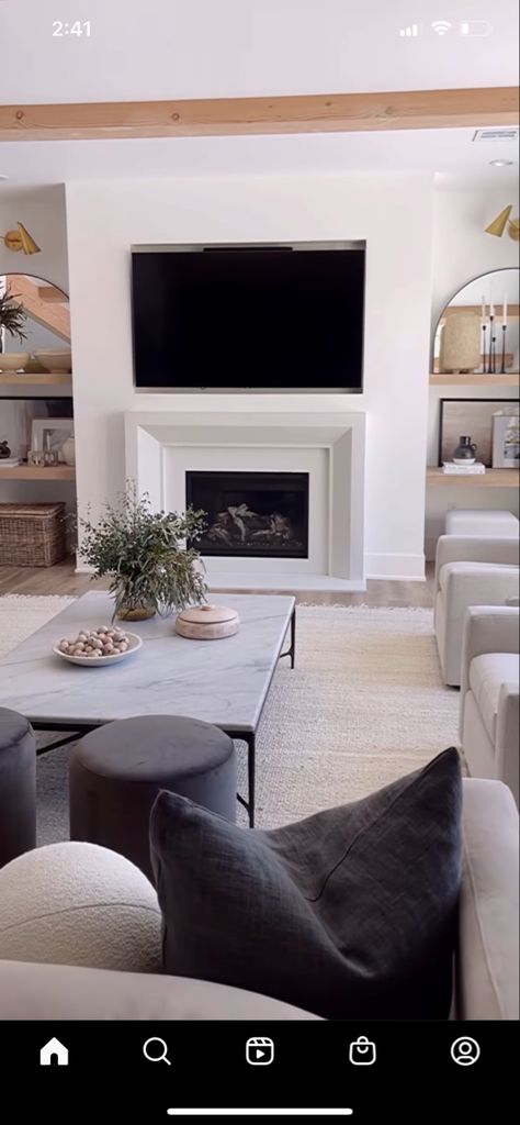 Matching Console Tables Next To Fireplace, Console Table With Fireplace, Tv Offset Fireplace, Tables Next To Fireplace, Console Table On Each Side Of Fireplace, Gas Fireplace With Shelves On Side, Modern Gas Fireplace With Shelving, Electric Fireplace Insets With Side Shelves, Light Gray Couch