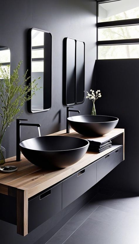 37 Bold and Beautiful Dark Bathroom Inspirations - Interiorshape | Best Interior Design Ideas At your hands Dark Bathroom Ideas Modern, Powder Room Dark, Modern Dark Bathroom, Dark Modern Bathroom, Small Dark Bathroom, All Black Bathroom, Dark Modern House, Black Bathrooms, Luxury Bathroom Master