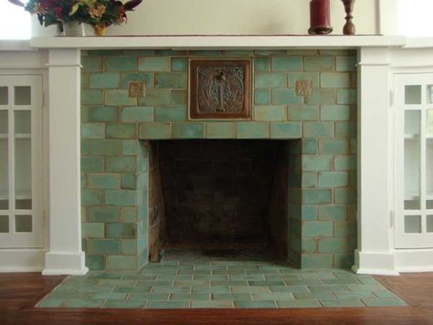 Revival Hearths | Arts & Crafts Homes and the Revival Craftsman Fireplace, Craftsman Tile, Arts And Crafts Tile, Green Tiles, Craftsman Interior, Fireplace Tile Surround, Patio Fireplace, The Mantle, Arts And Crafts House