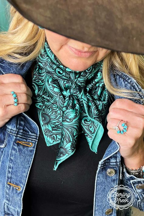 Sheridan Wild Rag Wild Rag Sterling Kreek Western Soul® Sheridan Wild Rag from Sterling Kreek Western Wild Rag Outfit, Wild Rag Outfits, Wild Rags Outfits, Tooled Leather Pattern, Hippie Boho Outfits, Wild Rags, Classy Cowgirl, Cowgirl Look, Leather Tooling Patterns