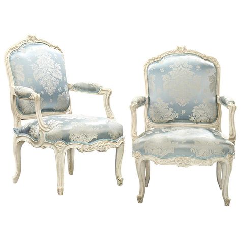 Antique Dining Room Chairs, Louis Xv Chair, Louis Xv Armchair, Rococo Design, Antique Dining Room, Rococo Furniture, French Arm Chair, French Rococo, Blue And White Fabric