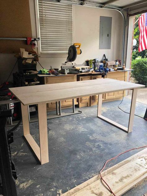 DIY Modern Wood Desk - House On Longwood Lane Diy Working Table, Minimalist Writing Desk, Diy Modern Wood Furniture, Herringbone Desk Diy, Diy Desk Easy, Live Edge Desk Office Modern, Diy U Desk, Diy Modern Furniture Projects, Building A Desk Diy