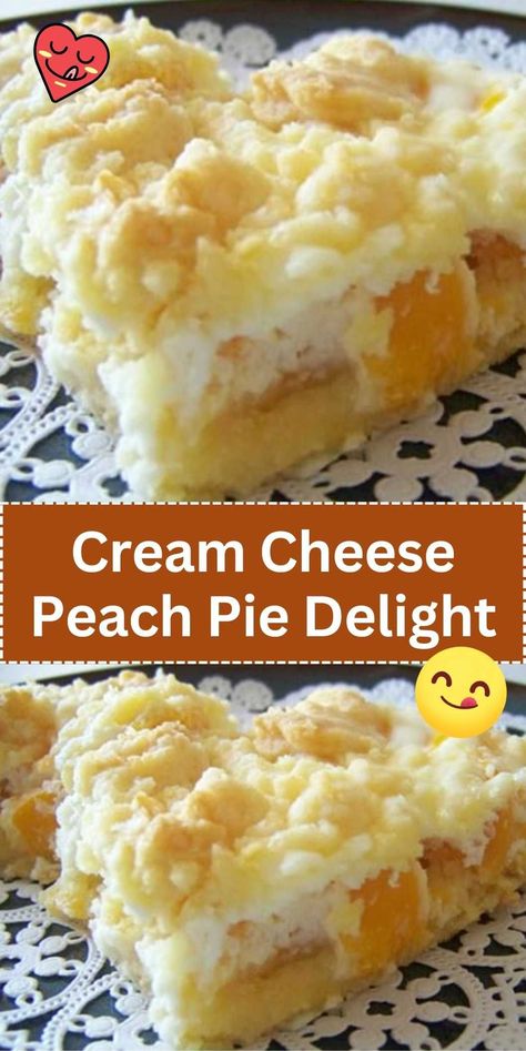 Embrace the essence of summer with this Cream Cheese Peach Pie Delight, where creamy, tangy cream cheese meets the sweet juiciness of peaches in a dance of flavors. Encased in a buttery crust and topped with a crumble that's to die for, this pie is a celebration of simplicity and sweetness. #SummerDessert #PeachPie #CreamCheeseDelight Cream Cheese Peach Pie, Combine Cake, Peaches Cream Cheese, Dry Cake, Peach Pie Recipes, Peach Dessert Recipes, Cream Cheese Pie, Cream Cheese Desserts, Sweet Pies