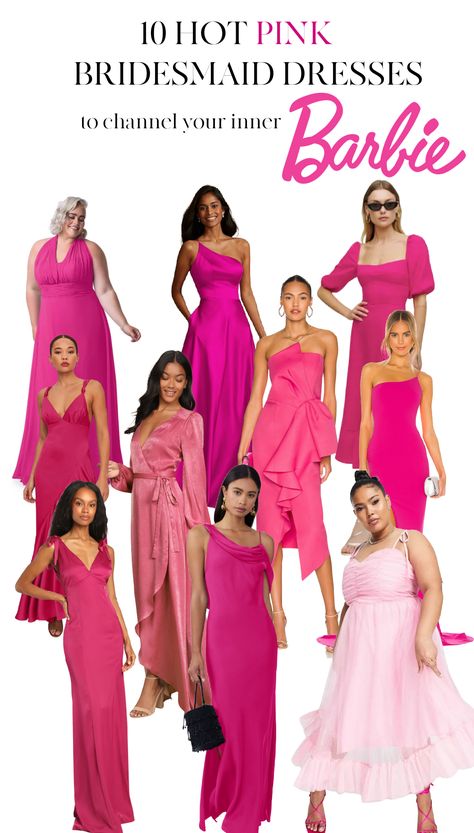 Barbie Bridesmaid Dresses, Hot Pink Outfit Ideas Party, Hot Pink Dress Outfit Wedding, Fuchsia Dress Outfit Wedding, Hot Pink Wedding Dress, Barbie Pink Wedding, Hot Pink Dress Outfit, Hot Pink Long Dress, Fuchsia Dress Outfit