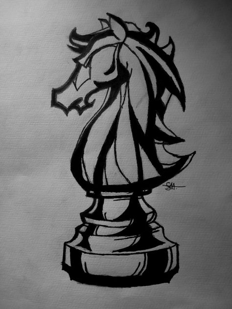 Chess Knight Drawing, Knight Chess Piece Drawing, Chess Aesthetic Drawing, Chess Knight, Knight Drawing, Knight Chess, Dark Art Tattoo, Mini Drawings, Chess Pieces