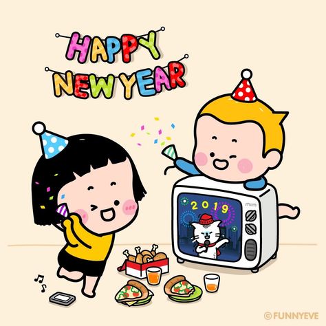 Happy New Year Cute Cartoon, Happy New Year Cartoon, Happy New Year Cute, Cute Cartoon Couple, New Year Cartoon, Mobile Girl, Cartoon Couple, Love Doodles, Cute Sketches