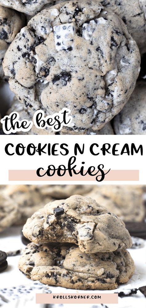 These Cookies & Cream Cookies are made with HERSHEY’S Cookies ‘n’ Crème Bars and chopped Oreo cookies and they are super soft, thick, chewy and so good! #cookies #oreo #baking #dessert #recipe Hersheys Cookies And Cream, Oreo Baking, Oreo Pudding Cookies, Hersheys Cookies, Cookies And Cream Bars, Cookies And Cream Cookies, Good Cookies, Hershey Recipes, Easy Homemade Cookies