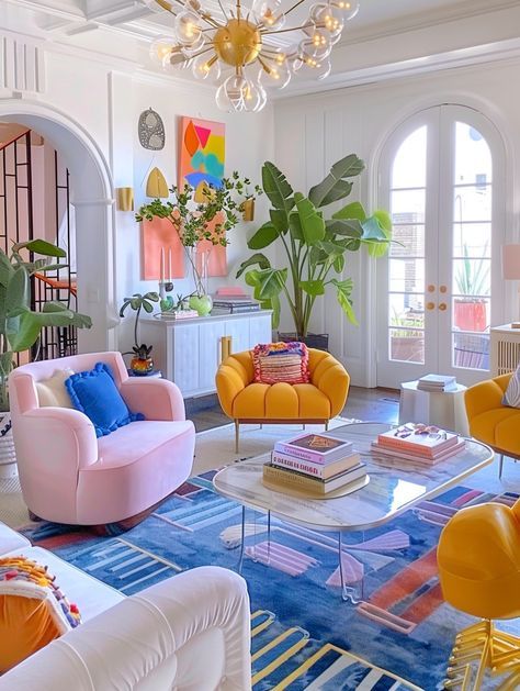 White Furniture Colorful Accents, White Walls Bright Decor, Cheerful Home Decor, Maximalist Living Room White Walls, Maximalist Blue Living Room, Colour Pop Interior Design, Colorful Minimalist Living Room Apartment, Modern Pop Living Room, Blue Pink Interior Design