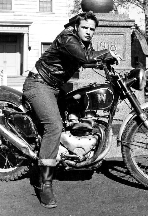 Marlon Brando on the set of ‘The Wild One’, 1953. Don Vito Corleone, The Wild One, Man Sitting, Marlon Brando, Ex Machina, Vintage Motorcycle, Vintage Motorcycles, Wild One, Classic Motorcycles