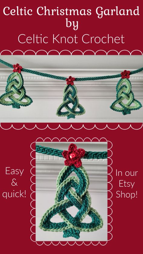 Crochet Christmas Garland - Celtic Pattern by Celtic Knot Crochet Crochet Celtic Knot Christmas Tree, Celtic Knot Christmas Tree, Celtic Knot Crochet Pattern, Christmas Cat Crochet Pattern Free, Crochet Winter Decoration, Crochet Christmas Lights Garland Free Pattern, Crochet Yule Decorations, Celtic Christmas Decoration, Yule Crochet Patterns Free