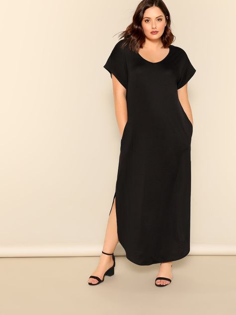 Long Dress Plus Size, Maxi Dress Sale, Plus Size Black, Split Dress, Maxi Robes, Ruffle Hem Dress, Curvy Dress, Plus Size Maxi Dresses, Pocket Dress