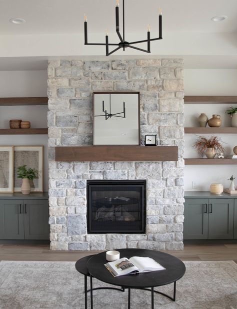 Full height stone fireplace clad in Eldorado Limestone Grand Banks stone Mortar is Off-White Full height stone fireplace clad in Eldorado Limestone Grand Banks stone Mortar is Off-White #stonefireplace #stone #fireplace #Limestonefireplace #mortar Light Colored Stone Fireplace, Diy Limestone Fireplace, Reno House, Eldorado Stone, Stone Mortar, Fireplace Stone, Front Door Paint Colors, Home Bunch, Limestone Fireplace