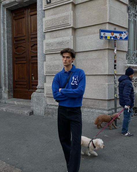 shooting for @axelarigato SS23 🕺🏻 #axelarigato #ootd ad | Instagram Dark Blue Trousers Outfit, Blue Outfit Aesthetic, Polo Sweater Outfit, Trousers Outfit Men, Polo Outfit Men, Blue Sweater Outfit, Boys Aesthetic Outfits, Sweater Outfits Men, Money Dress