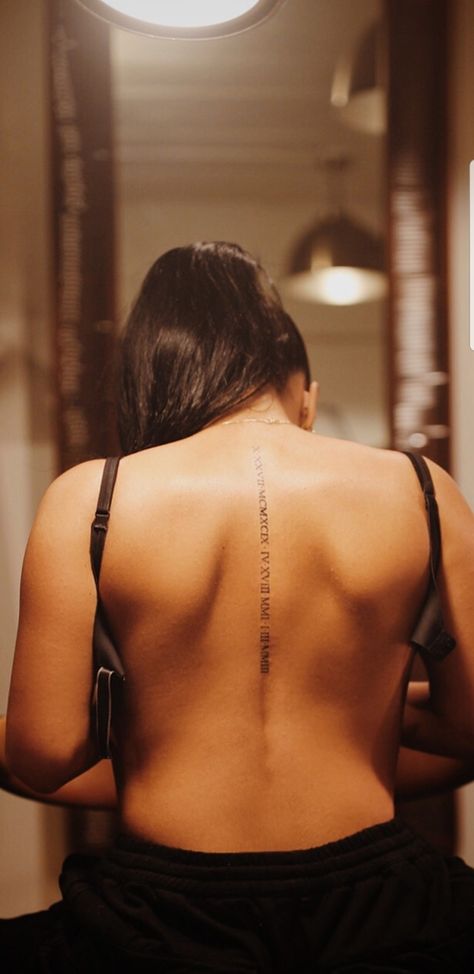 Narrow Spine Tattoo, Dates Down Spine Tattoo, Roman Numerals Down Spine Tattoo, Coordinate Spine Tattoo, Roman Numerals Back Tattoo, Roman Numeral Spine Tattoos For Women, Spine Tattoos For Women Roman Numerals, Spine Roman Numeral Tattoo, Italian Spine Tattoo