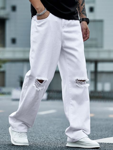 White  Collar  Denim Plain Straight Leg Embellished Non-Stretch  Men Denim White Jeans Outfit Men Street, White Ripped Jeans Outfit, White Jeans Outfit Men, Ripped Jeans Outfit Winter, Mens White Jeans, Denim Jeans Outfit Men, White Denim Jeans Outfit, Knee Cut Jeans, Streetwear Outfit Men